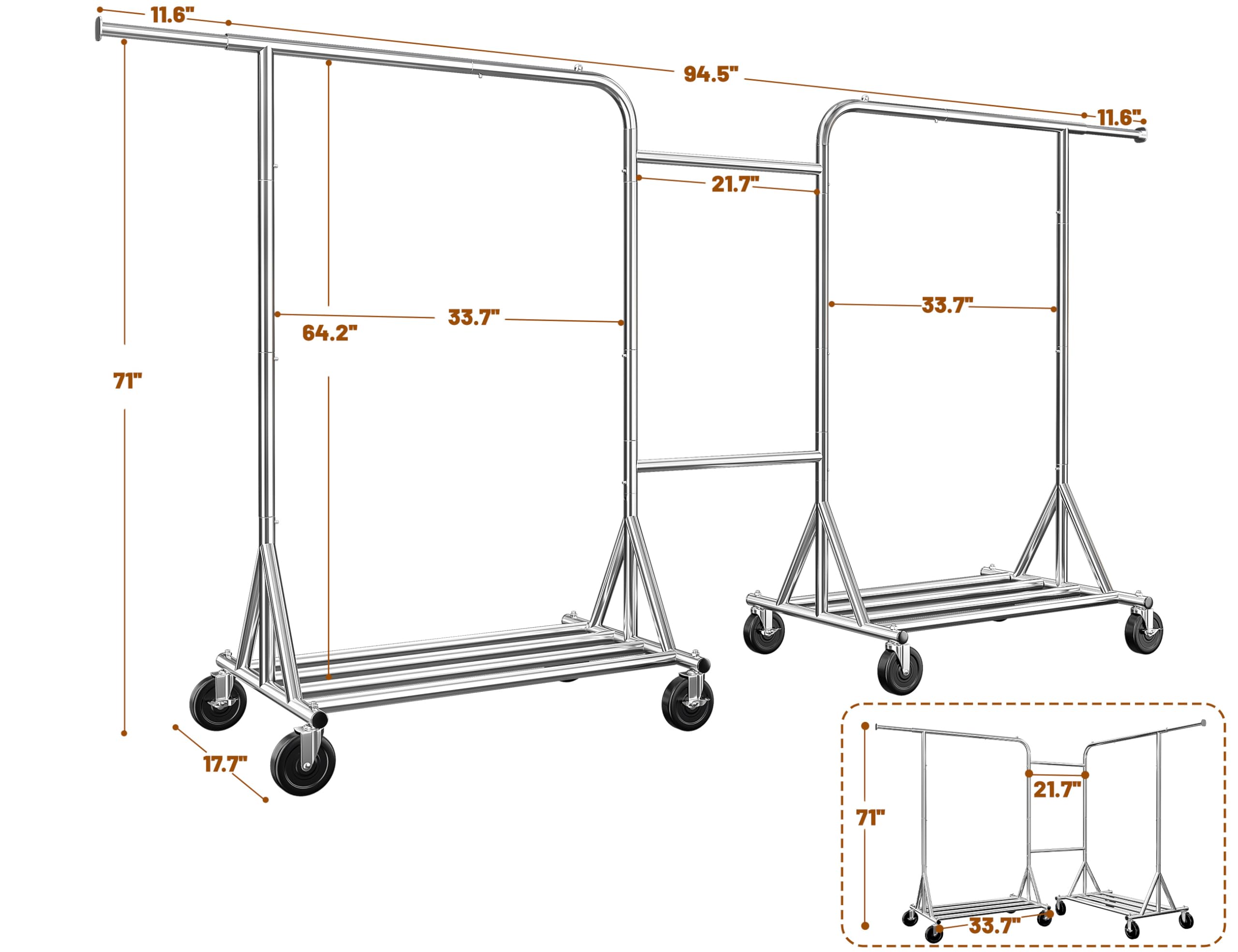 Raybee Heavy Duty Clothes Rack, Loads 650 LBS,117" W Rolling Clothes Rack with Wheels Clothing Racks for Hanging 240+ Clothes, Portable & Adjustable Commercial Garment Rack