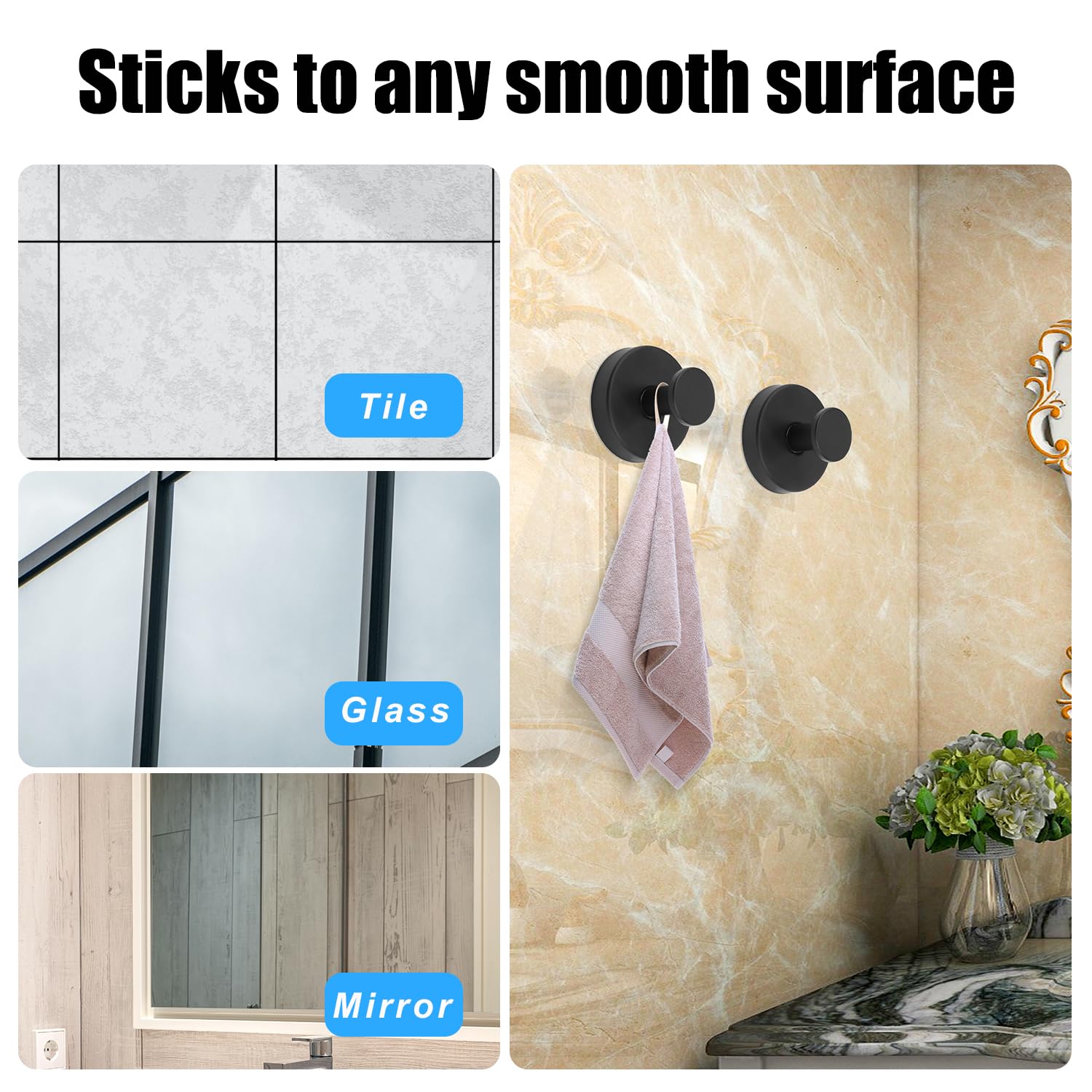 XIHIRCD 2pcs Suction Cup Hooks for Shower Wall, Premium Stainless Steel Suction Cup Hooks Waterproof Suction Hooks Window Suction Cups Hooks Bathroom Towel Holder Easy to Install (Black)