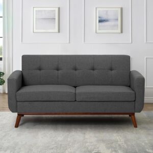 nansiee 65" linen fabric loveseat sofa with tufted backrest, 2-seat mid century couch with wooden legs, modern small sofa with upholstered cushions for living room, bedroom, small spaces, grey