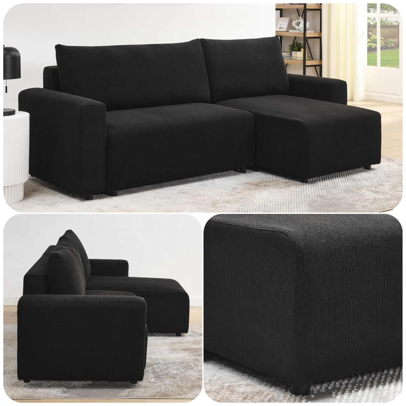 ChicFurnit Couch, L-Shaped Sectional Sofa, Modular Sectional Sofa with Storage, Corduroy Upholstered Sofa Couch with 3 Seats, Sectional Couches for Living Room, Office & Home Apartment, Black