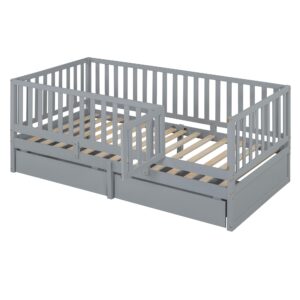 SOFTSEA Wood Daybed Twin Size with Fence Guardrail and Storage Drawers, Split Into Independent Floor Bed and Daybed for Boys Girls, Kids Platofrm Daybed Frame, Gray