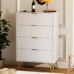 UEV White 4 Drawer Dresser for Bedroom, Tall Bedroom Dresser with Large Drawer & Golden Handles, Wooden Modern Storage Cabinet Chest of Drawer for Bedroom,Closet,Hallway (White)