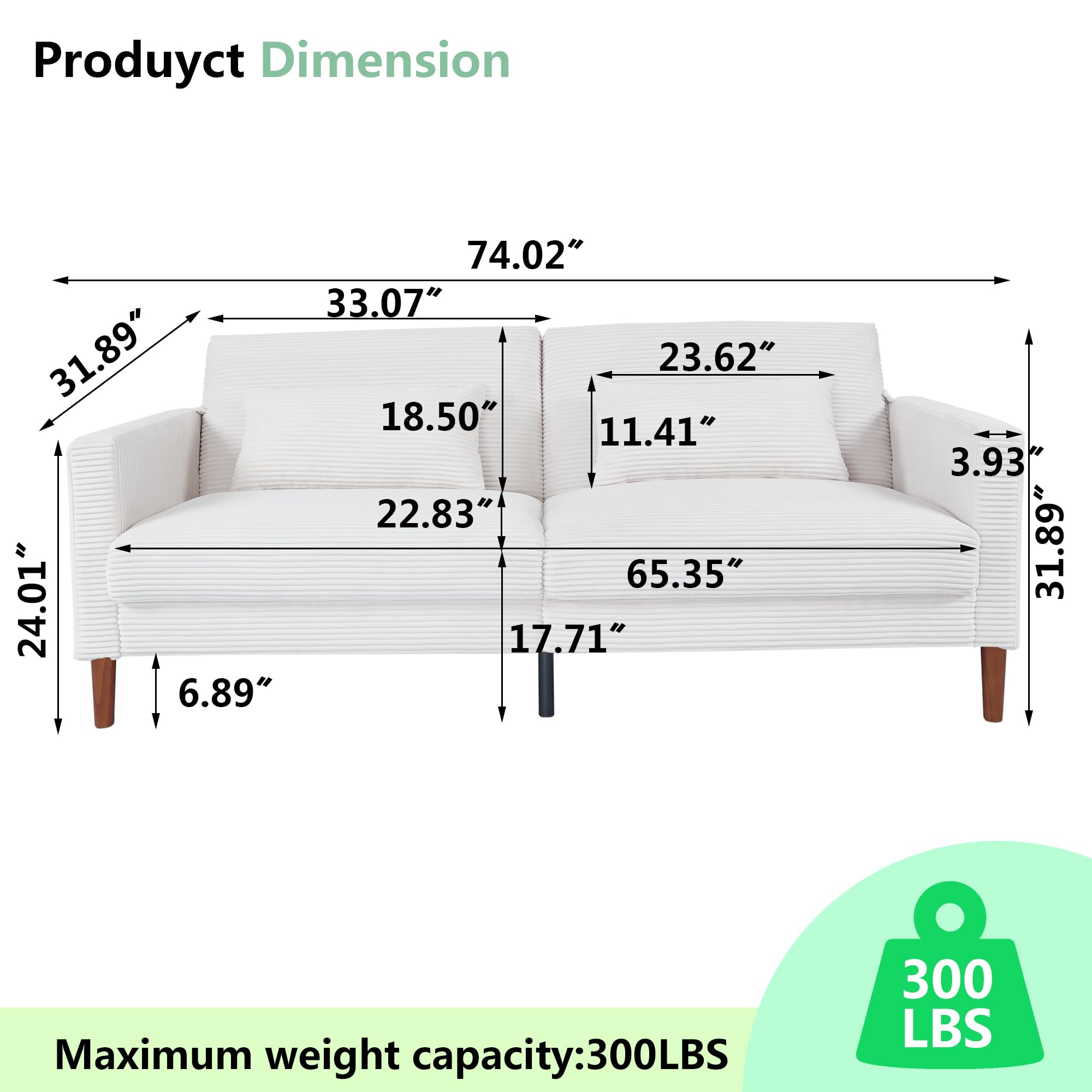 Aoowow 74" Comfy Loveseat Futon Sofa Couch for Living Room, 3 Seater Lounge Sofa for Bedroom, Modern Corduroy Sofa with 2 Lumbar Pillows, Deep Seat Sofa for Small Spaces, Office Couch, Beige