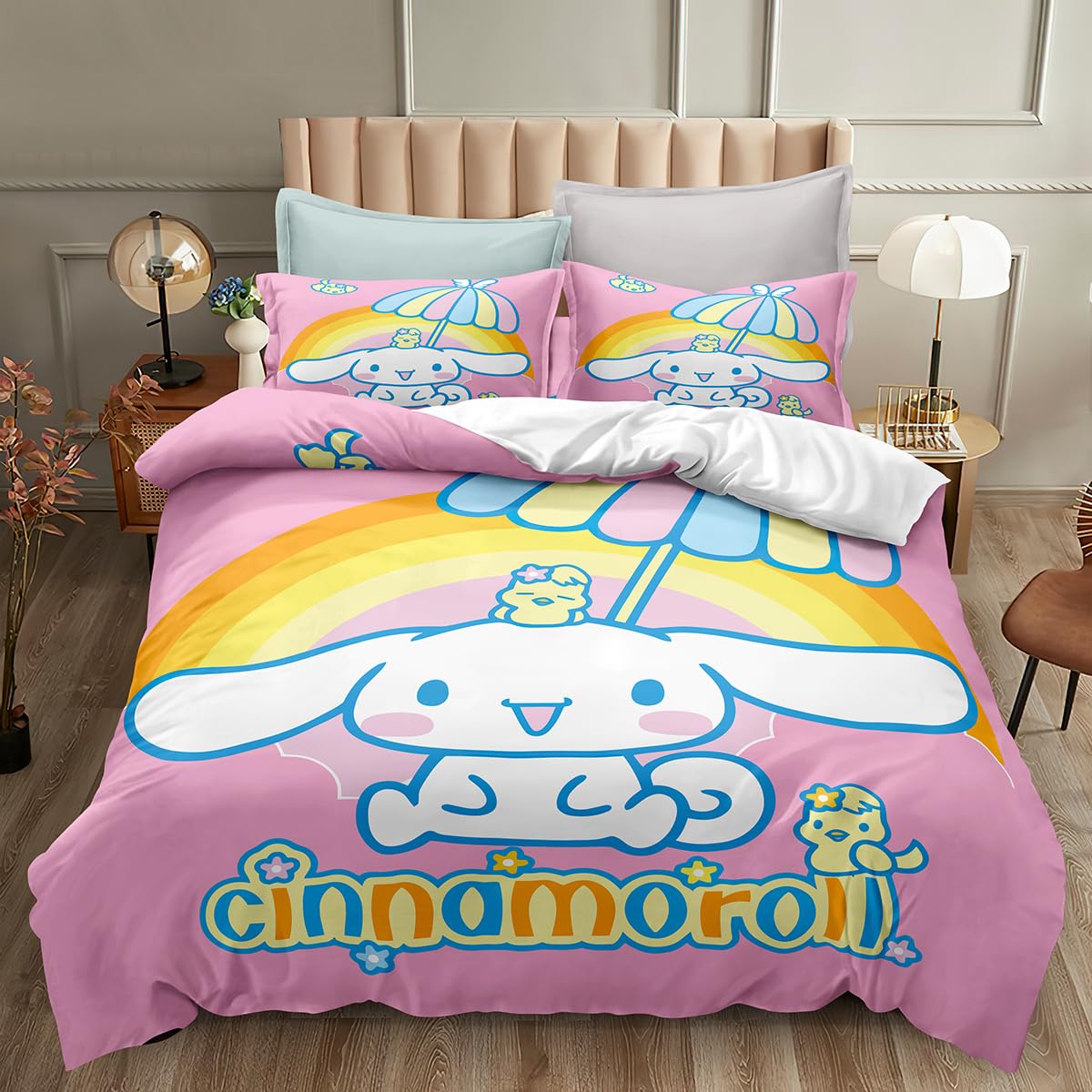 WINDSVMH The Cinnamoroll Anime Bedding Set,3 Piece Cartoon 3D Cartoon Cute Printed Soft Microfiber Comforter Set with Zipper Closer,Gifts for Teenagers Adult,1 Duvet Cover with 2 Pillowcases