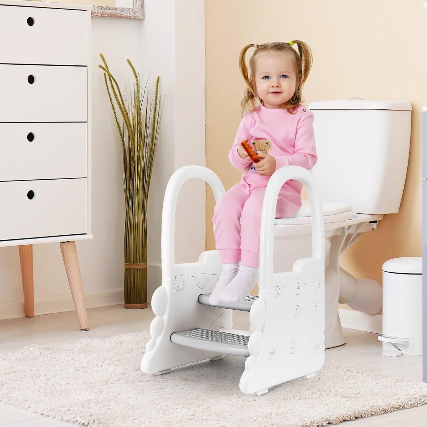 2-Step Toddler Stool with Handrail, Anti-Slip Kids Stool for Bathroom Sink, Kitchen Counter, and Potty Training Toilet