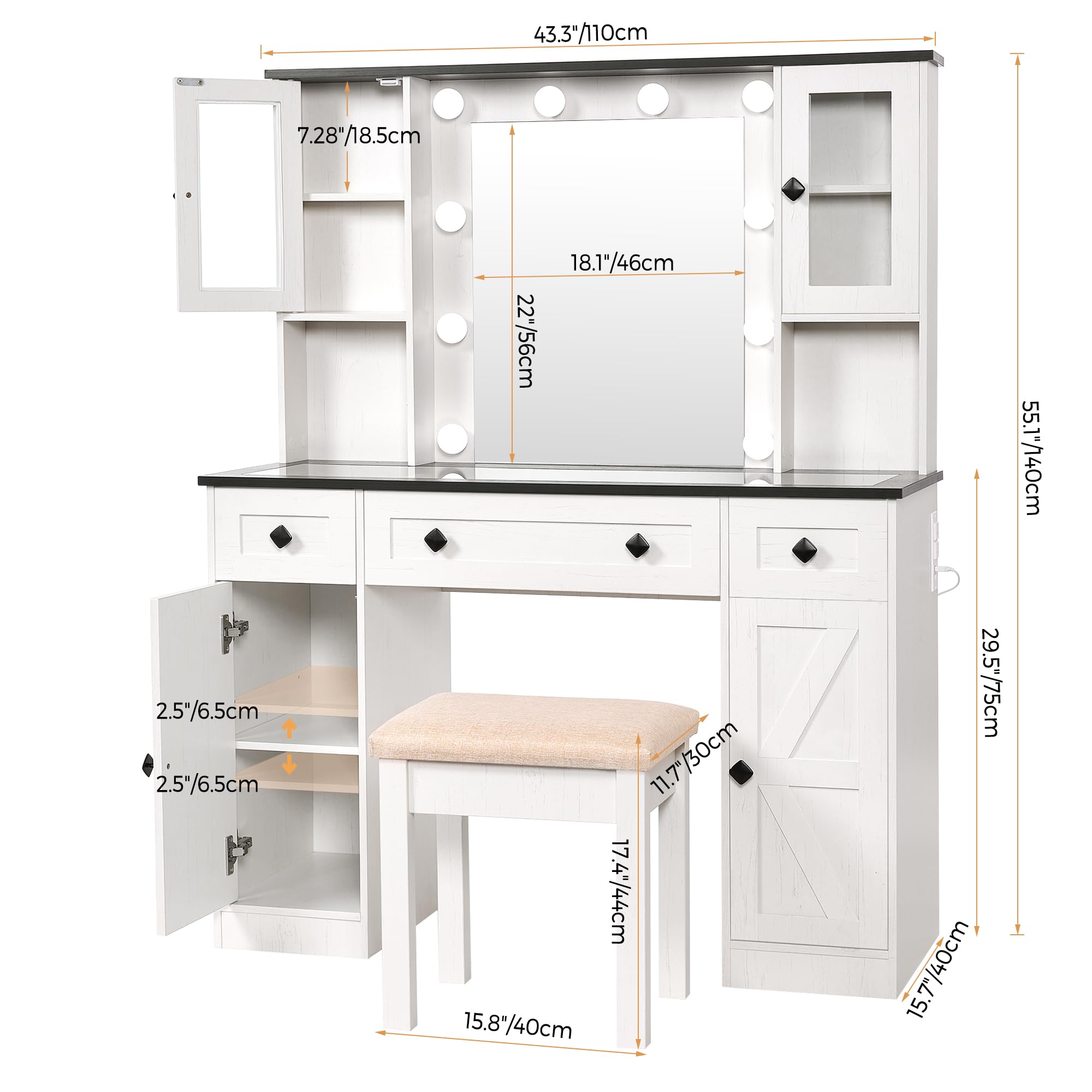 ANWBROAD Farmhouse Makeup Vanity Desk with Mirror and Lights White Vanity Desk 43" W Glass Tabletop Vanity Table with Charging Station & 2 Cabinets Big Modern Dressing Table Stool for Bedroom UBDT71W