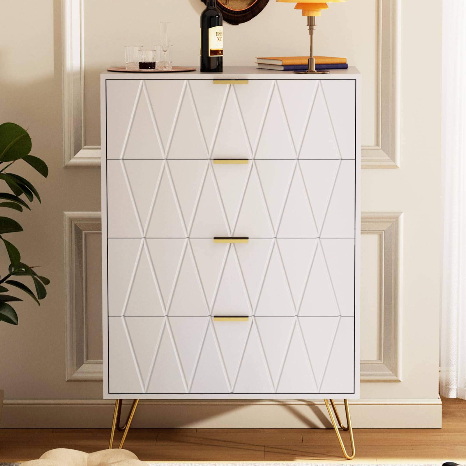 UEV White 4 Drawer Dresser for Bedroom, Tall Bedroom Dresser with Large Drawer & Golden Handles, Wooden Modern Storage Cabinet Chest of Drawer for Bedroom,Closet,Hallway (White)