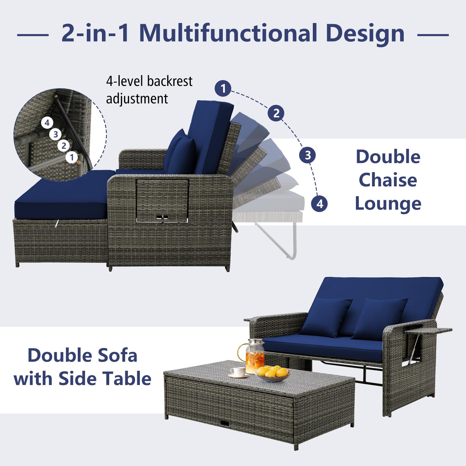 Tangkula Patio Rattan Daybed Set, Wicker Loveseat Sofa w/Multipurpose Ottoman & Retractable Side Tray, 4-Level Adjustable Backrest, Footstool w/Storage, Seat & Back Cushion Included