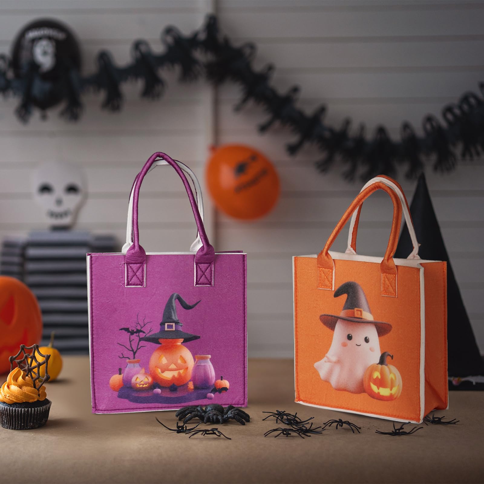 JIWINNER 3PCS Halloween Treat Bags for Candy - 8×8×4“ Halloween Bags with Handles - Reusable Halloween Candy Bags - Durable Halloween Bags for Trick or Treat