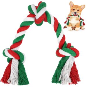 szee christmas dog rope toys, 3 knots chew rope toy for medium and small dogs, natural cotton dog pull rope for tug of war and teeth cleaning (red)