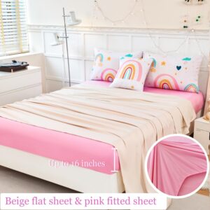 ANGIYUIN 6 Pieces Multi-Color Rainbow Queen Bedding Comforter Set for Girls Kids Cute Cloud and Love Hearts Girls Bedding Set Soft Microfiber Kid Bed in a Bag with Comforter, Sheets, Pillowcases