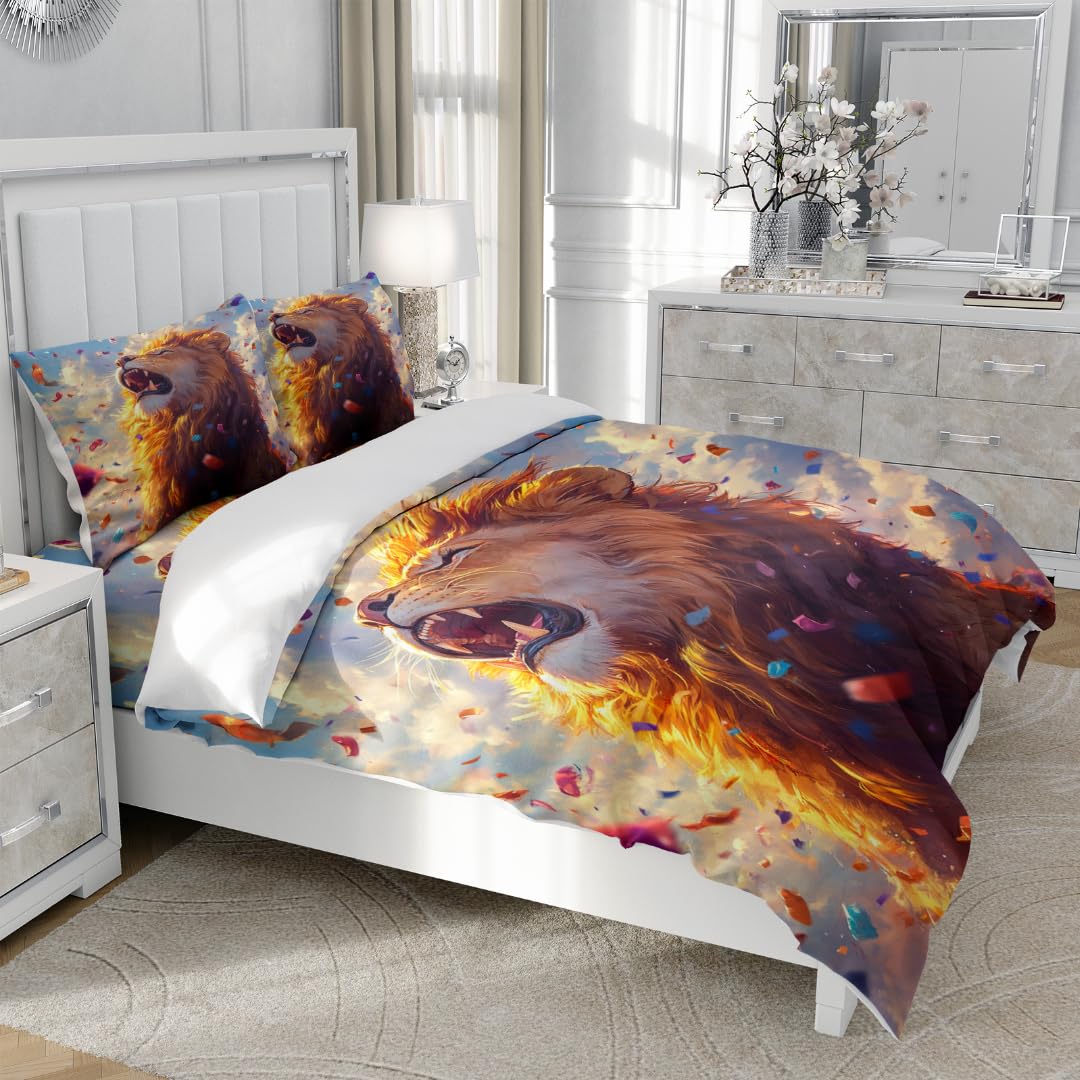 ZAJIO 3D Printed Lion Bedding Twin Duvet Cover Set Roaring Lion Comforter Cover Wild Animal Bedspread Cover 1 Quilt Cover with 2 Pillow Cases(No Comforter)