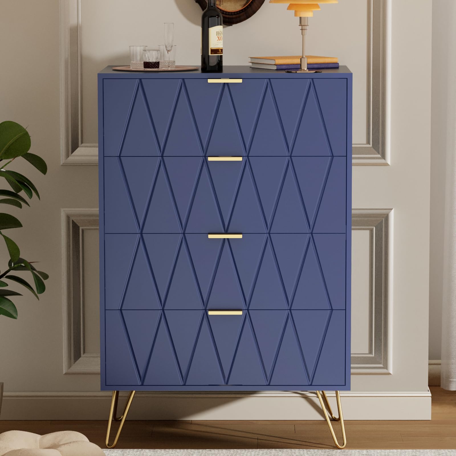 UEV Navy Blue 4 Drawer Dresser for Bedroom, Tall Bedroom Dresser with Large Drawer & Golden Handles, Wooden Modern Storage Cabinet Chest of Drawer for Bedroom,Closet,Hallway (Navy Blue)