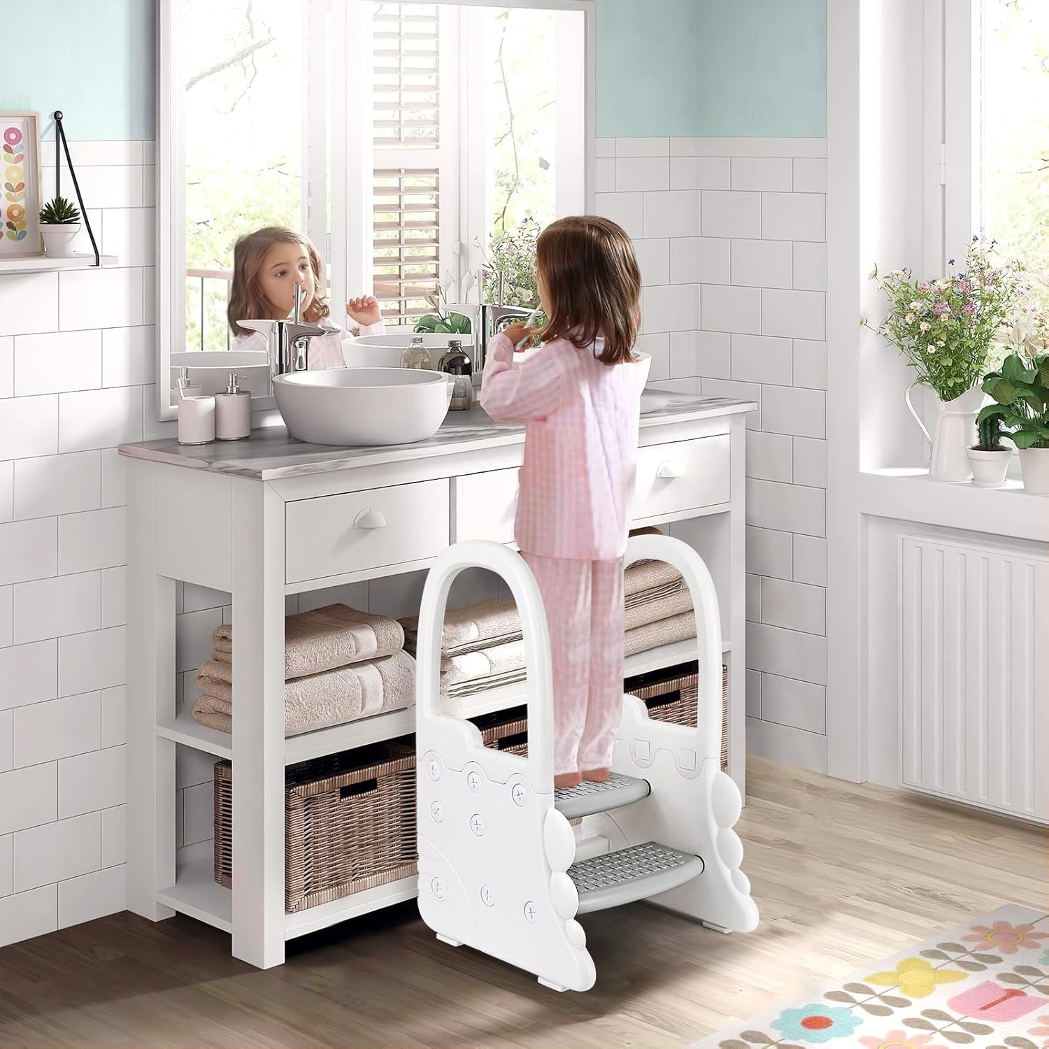 2-Step Toddler Stool with Handrail, Anti-Slip Kids Stool for Bathroom Sink, Kitchen Counter, and Potty Training Toilet