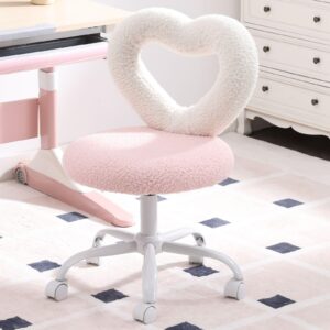 lukealon kids desk chair with rolling wheels, sherpa heart back swivel child chair upholstered adjustable teen computer chair comfy students study chair for boys and girls, pink white