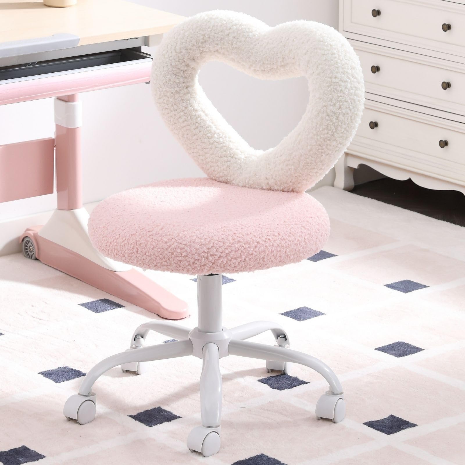 LukeAlon Kids Desk Chair with Rolling Wheels, Sherpa Heart Back Swivel Child Chair Upholstered Adjustable Teen Computer Chair Comfy Students Study Chair for Boys and Girls, Pink White