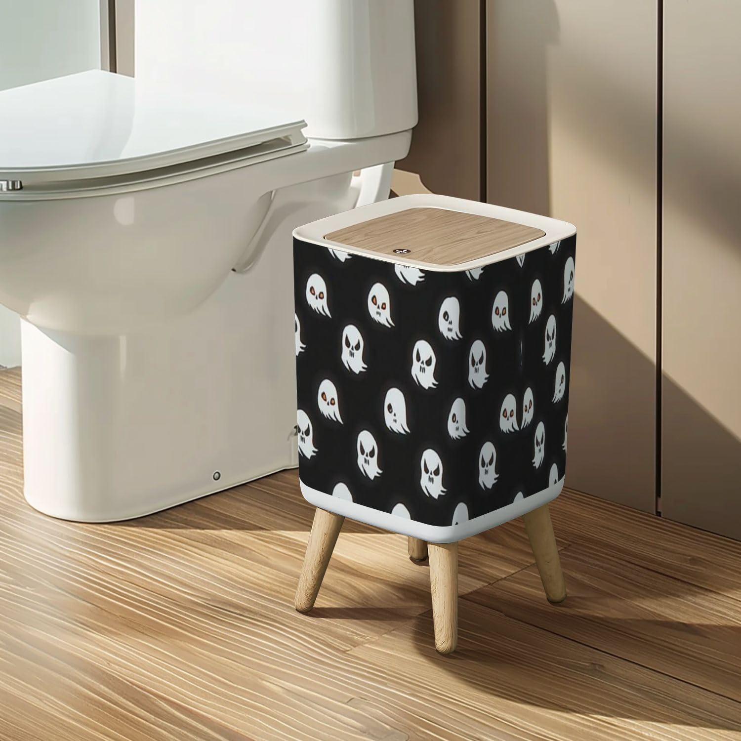 LGCZNWDFHTZ Small Trash Can with Lid Ghost Icons Halloween Seamless Pattern Wastebasket with Press Cover Dog Proof Garbage Can Waste Bin for Kitchen Bathroom Nursery 2.6 Gallon