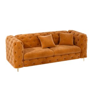 OUYESSIR 75" Comfy Modern Velvet Sofa Couch, Upholstered Deep Seat Sofa Tufted Couch with Metal Gold Legs and Pillows for Living Room Bedroom Office, Orange