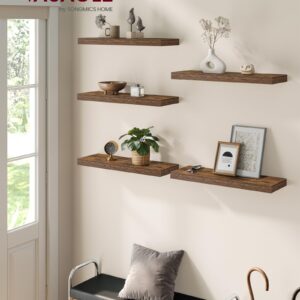 VASAGLE Wall Shelves Set of 5, Floating Shelves, Wall Mounted, 8 x 23.6 x 1.5 Inches, Display Shelves for Picture Frames, Wall Decor, Hanging Shelf for Living Room, Kitchen, Rustic Brown ULWS076B01