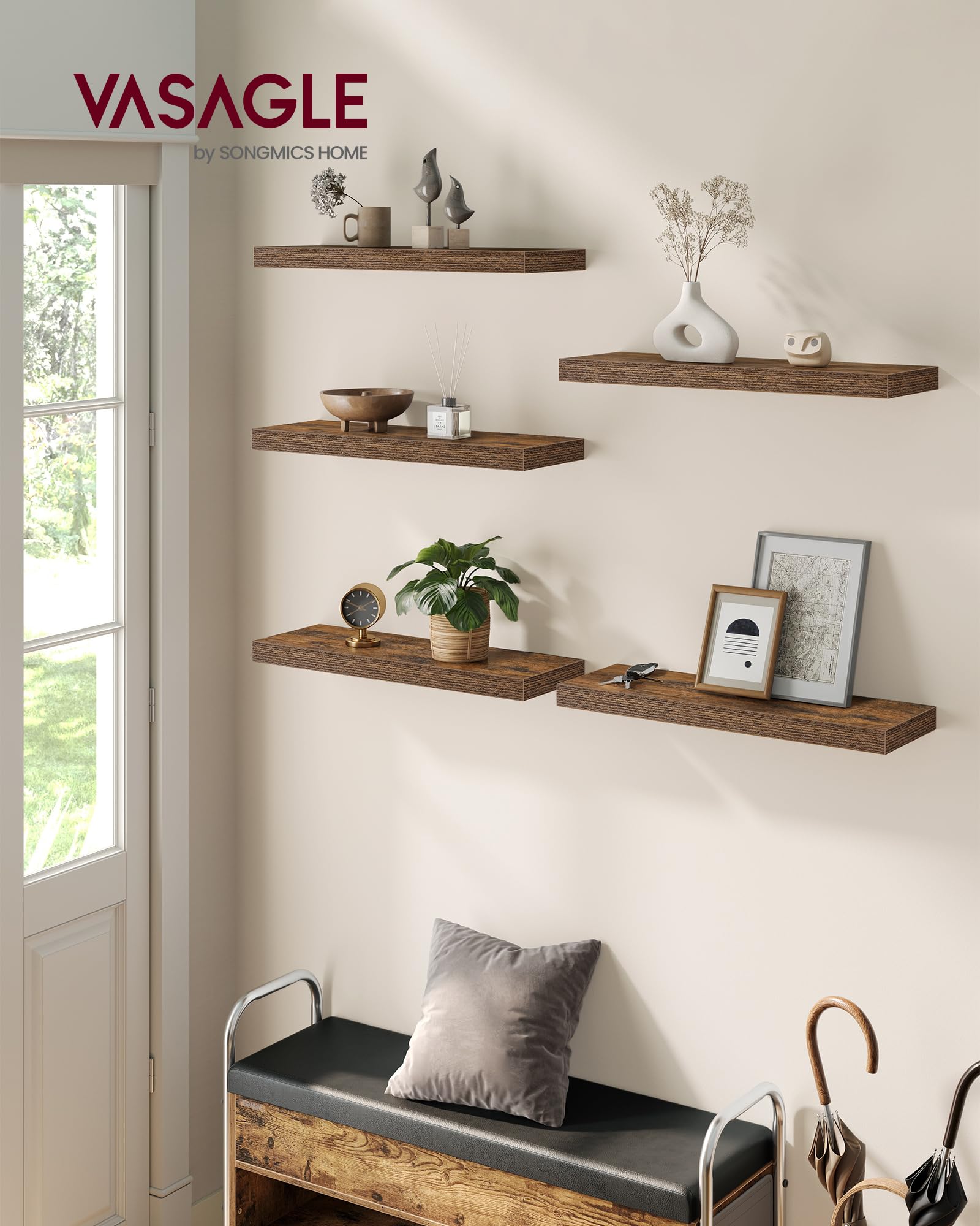 VASAGLE Wall Shelves Set of 5, Floating Shelves, Wall Mounted, 8 x 23.6 x 1.5 Inches, Display Shelves for Picture Frames, Wall Decor, Hanging Shelf for Living Room, Kitchen, Rustic Brown ULWS076B01