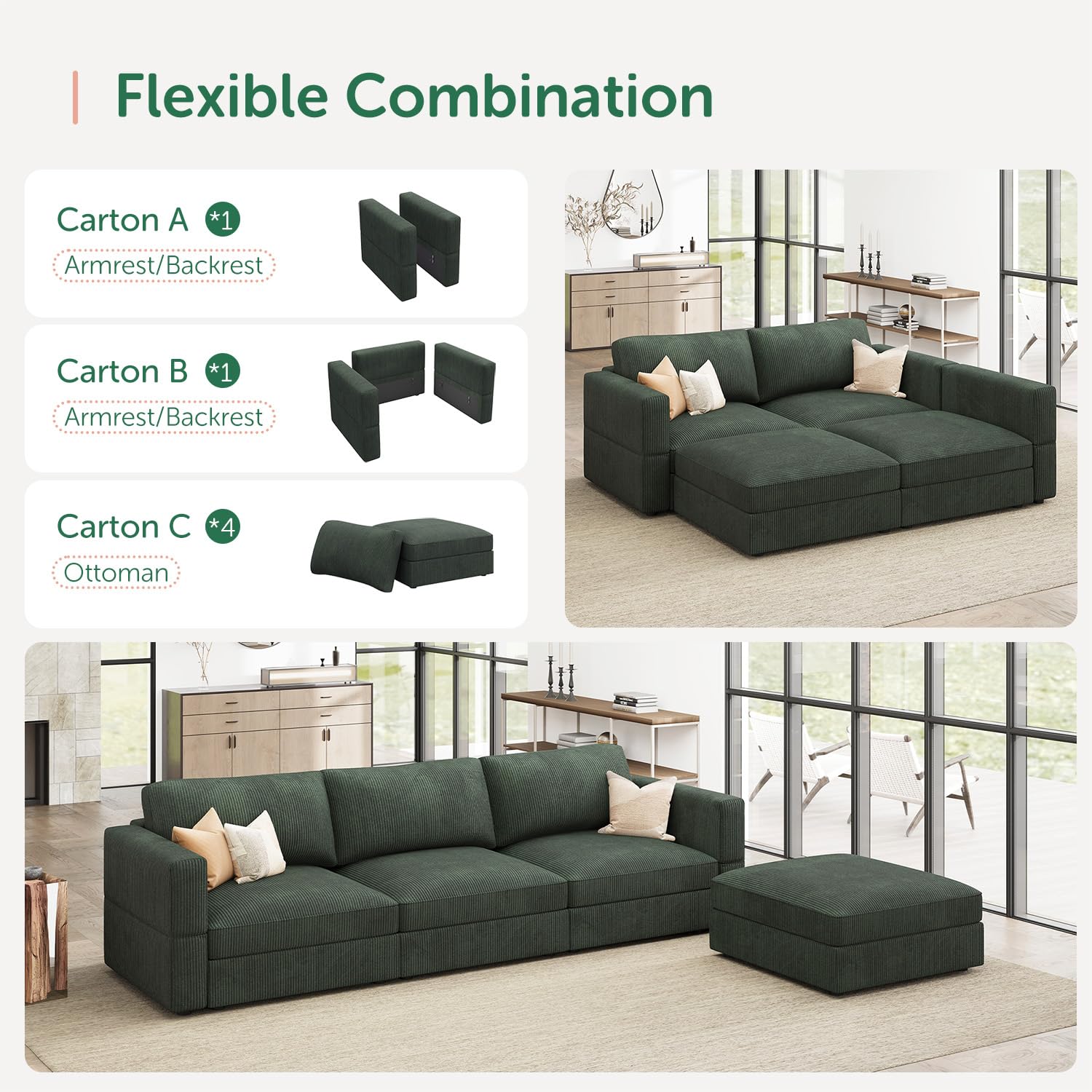 HONBAY Modular Sectional Couch with Storage Corduroy Sectional Sofa with Chaise L Shaped Sectional Couches for Living Room,Green