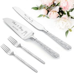 personalized wedding cake knife and server set engraved gold cake cutter server forks custom cake cutting set for wedding anniversary engagement birthday gifts