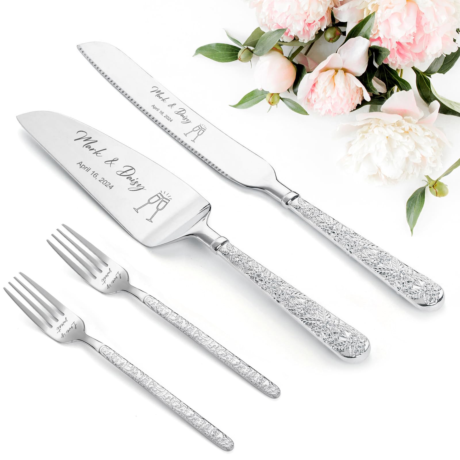 Personalized Wedding Cake Knife and Server Set Engraved Gold Cake Cutter Server Forks Custom Cake Cutting Set for Wedding Anniversary Engagement Birthday Gifts