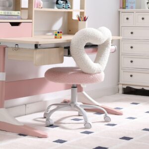 LukeAlon Kids Desk Chair with Rolling Wheels, Sherpa Heart Back Swivel Child Chair Upholstered Adjustable Teen Computer Chair Comfy Students Study Chair for Boys and Girls, Pink White