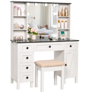 ANWBROAD Farmhouse Make up Vanity Desk with Mirror and Lights 43" Vanity Set with Power Outlet 3 Lighting Colors Adjustable Vanity Table 6 Drawers Storage Shelves Cabinets Stool Bedroom White UBDT60W