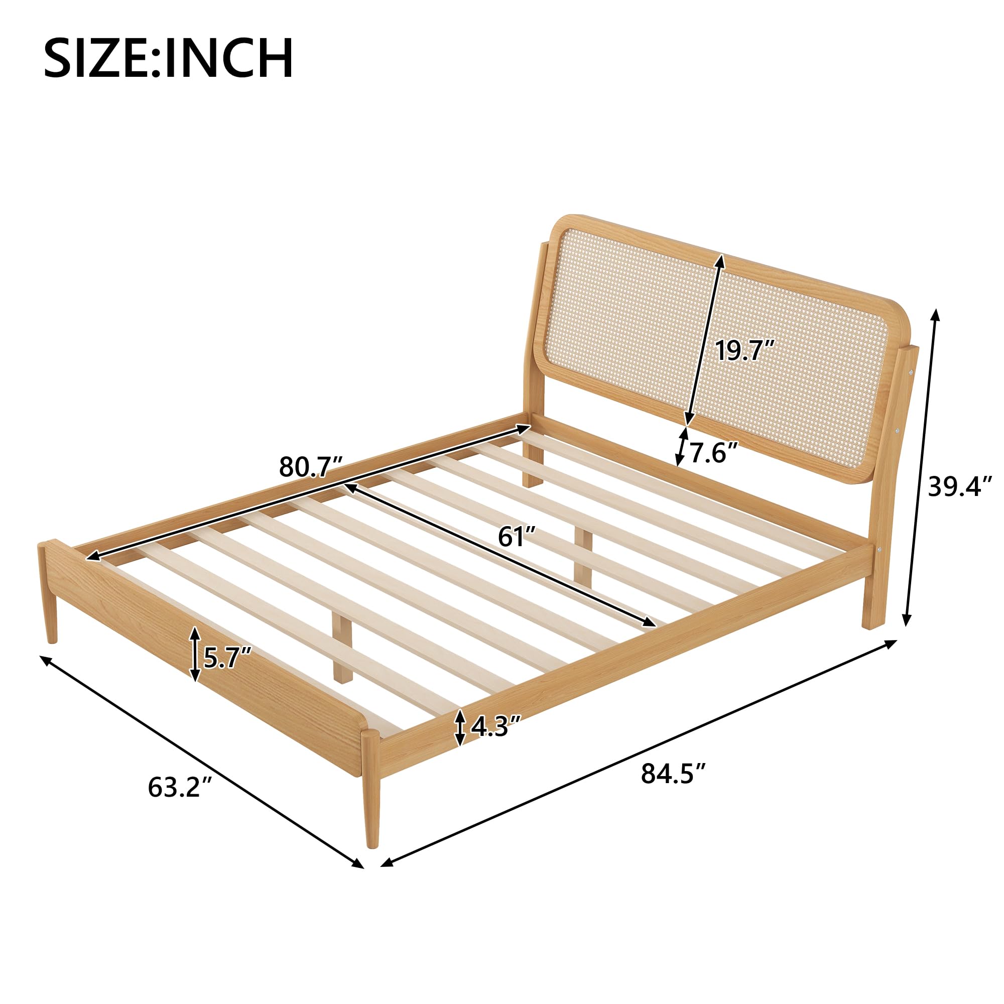 RuiSiSi Queen Bed Frame with LED Lights Rattan Platform Bed Frame with Natural Rattan Headboard (Natural, Queen)