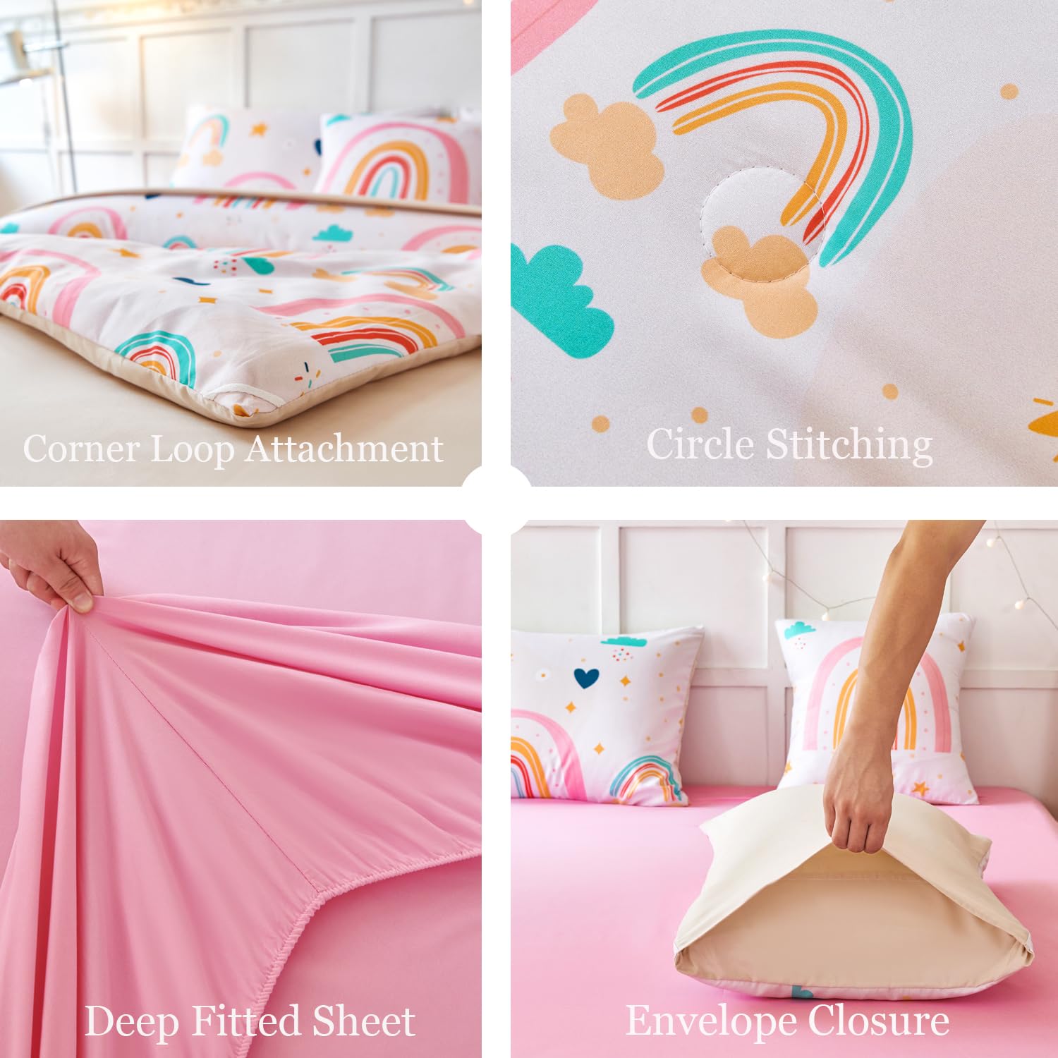 ANGIYUIN 6 Pieces Multi-Color Rainbow Queen Bedding Comforter Set for Girls Kids Cute Cloud and Love Hearts Girls Bedding Set Soft Microfiber Kid Bed in a Bag with Comforter, Sheets, Pillowcases