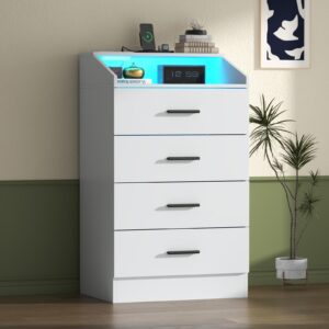 4 drawer dresser for bedroom with led light, modern dresser with power outlet, white dressers with open storage cubby, chest of drawers storage organizer for bedroom, hallway, living room(white)…