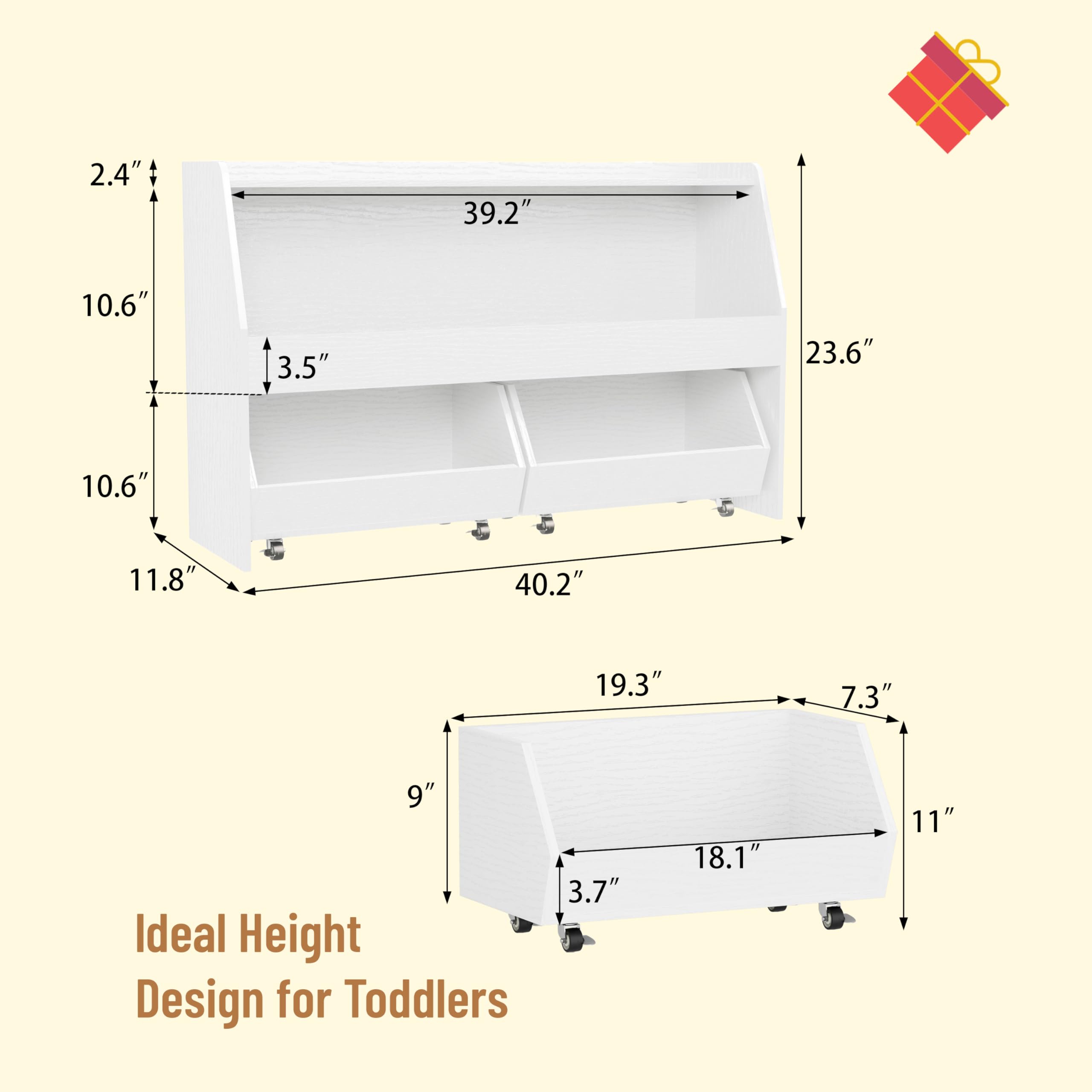 COZPAW Toy Storage Organizer with Movable Drawers, Toys Organizer and Storage for Kids, Toddlers Toy Storage Cabinet, Kids Bookshelf for Playroom Nursery Bedroom Living Room, 2 Tier White