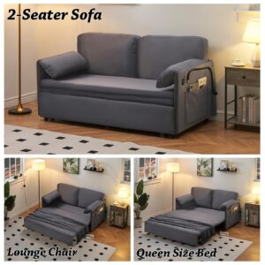 63.8" Queen Sleeper Sofa Bed,3-in-1 Convertible Sofa Bed with Phone Holder,USB Port,Velvet Pull Out Bed with Side Storage,Recliner Loveseat Sofa for Living Room,Small Space (Gray)