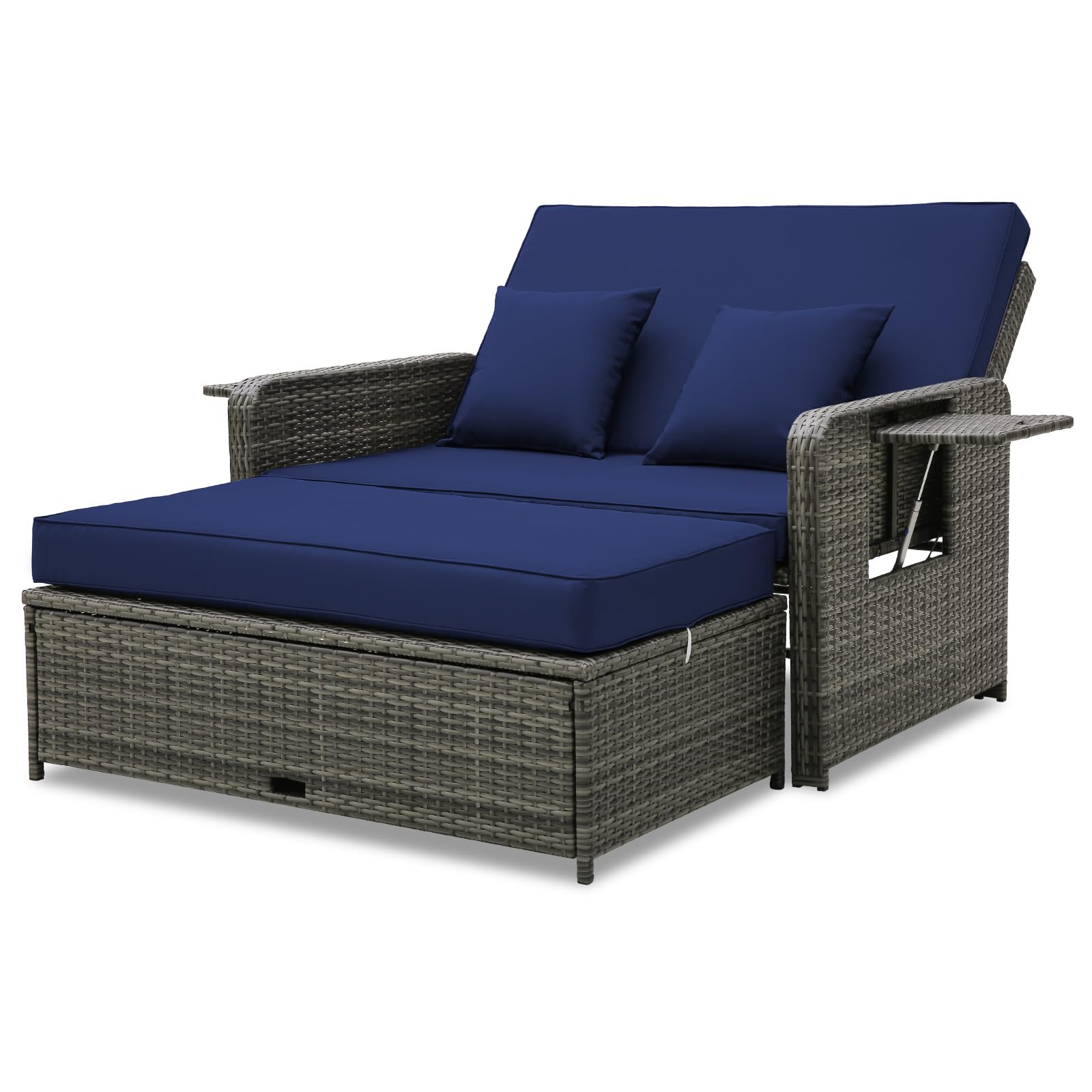 Tangkula Patio Rattan Daybed Set, Wicker Loveseat Sofa w/Multipurpose Ottoman & Retractable Side Tray, 4-Level Adjustable Backrest, Footstool w/Storage, Seat & Back Cushion Included