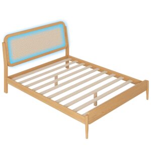 RuiSiSi Queen Bed Frame with LED Lights Rattan Platform Bed Frame with Natural Rattan Headboard (Natural, Queen)