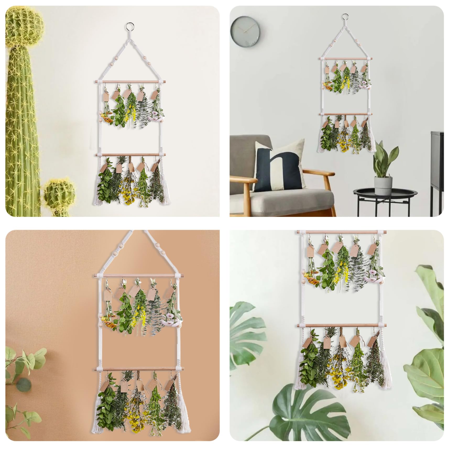 SWEETBIUTI Herb Drying Rack 2Tier Wood and Cotton Safe Hand-Woven Herb Drying Rack Hanging Adjustable Flower Drying Rack with Detachable Hooks for Herb Dryer Wall Decor.