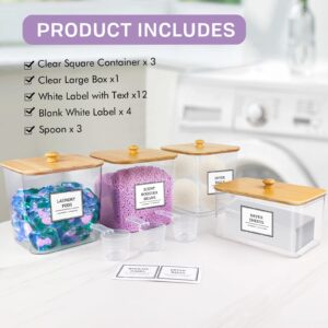 3+1 Pack Laundry Pods Container,Clear Laundry Room Organization Containers,Large Laundry Detergent Powder Storage Containers with Bamboo Lids & Labels,Laundry Pods Holder for Scent Booster,Powder,Pods