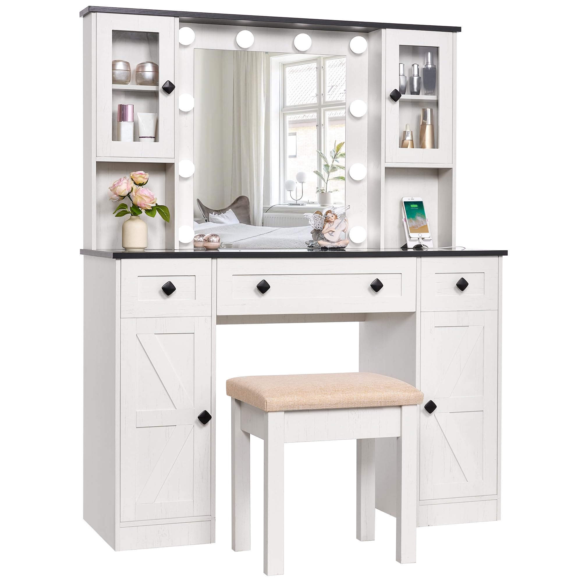 ANWBROAD Farmhouse Makeup Vanity Desk with Mirror and Lights White Vanity Desk 43" W Glass Tabletop Vanity Table with Charging Station & 2 Cabinets Big Modern Dressing Table Stool for Bedroom UBDT71W