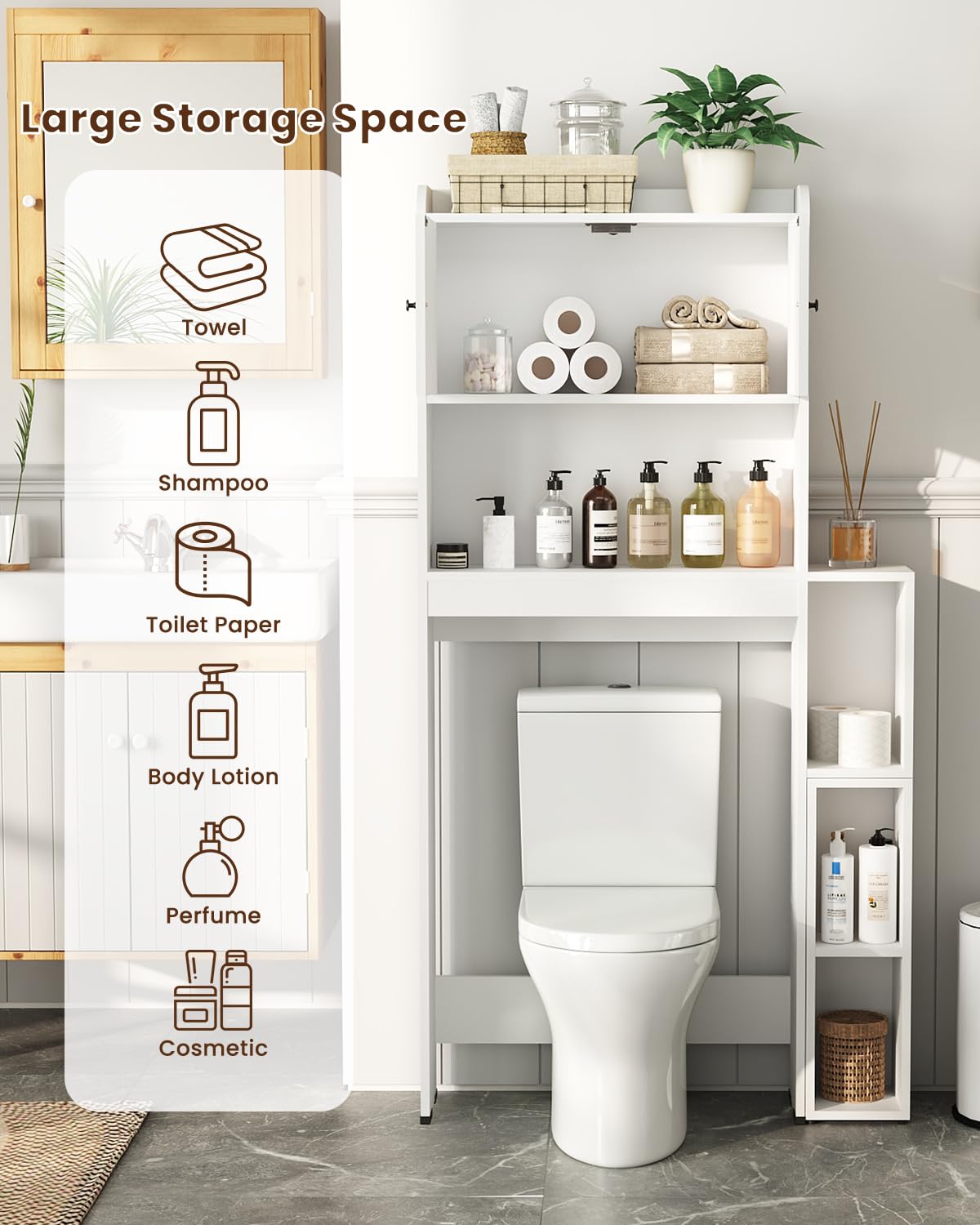 Seeday Over The Toilet Storage Cabinet, Space Saver Bathroom Shelf Over Toilet with Toilet Assistance Cabinet, Bathroom Storage Over The Toilet with Adjustable Feet Pad