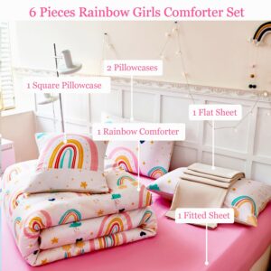 ANGIYUIN 6 Pieces Multi-Color Rainbow Queen Bedding Comforter Set for Girls Kids Cute Cloud and Love Hearts Girls Bedding Set Soft Microfiber Kid Bed in a Bag with Comforter, Sheets, Pillowcases