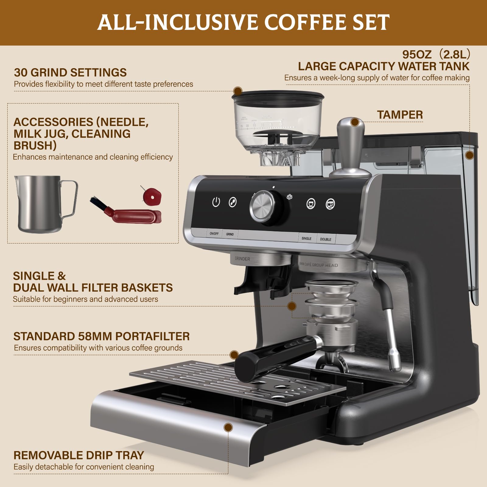 GarveeHome Espresso Machine 20 Bar With Grinder & Steam Wand – All In One Espresso Maker & Espresso Machine With Grinder for Home, Dark Gray