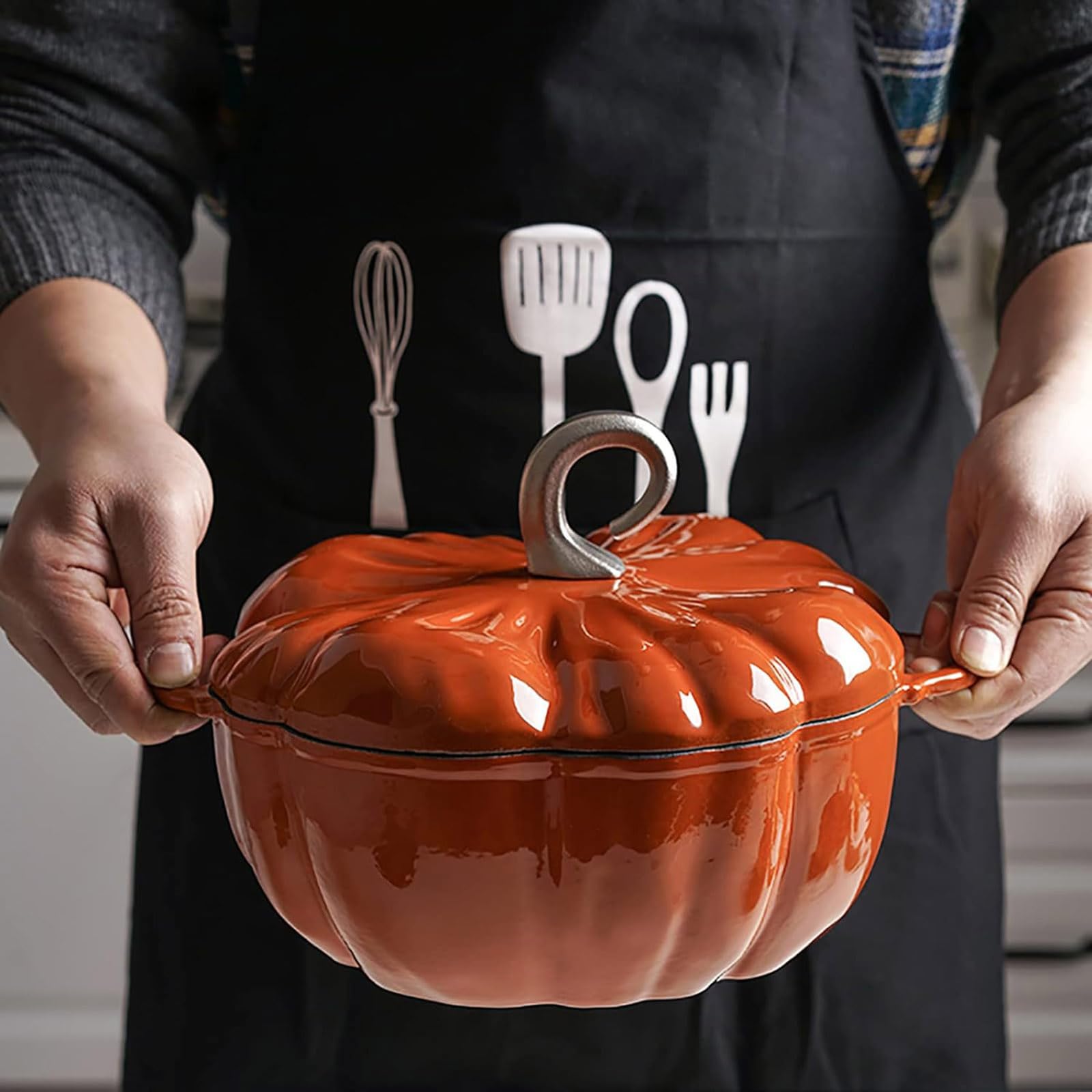 JIXDILO Pumpkin Dutch Oven,Pumpkin Pot with lid,4qt Pumpkin Cocotte Serves 3-4,Enameled Cast Iron,Halloween Thanksgiving Decor Pot(25x10cm(10x4inch), Orange)