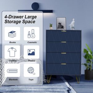 UEV Navy Blue 4 Drawer Dresser for Bedroom, Tall Bedroom Dresser with Large Drawer & Golden Handles, Wooden Modern Storage Cabinet Chest of Drawer for Bedroom,Closet,Hallway (Navy Blue)