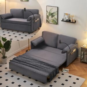 63.8" queen sleeper sofa bed,3-in-1 convertible sofa bed with phone holder,usb port,velvet pull out bed with side storage,recliner loveseat sofa for living room,small space (gray)