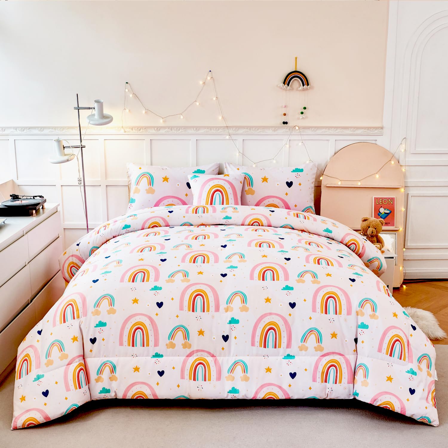 ANGIYUIN 6 Pieces Multi-Color Rainbow Queen Bedding Comforter Set for Girls Kids Cute Cloud and Love Hearts Girls Bedding Set Soft Microfiber Kid Bed in a Bag with Comforter, Sheets, Pillowcases