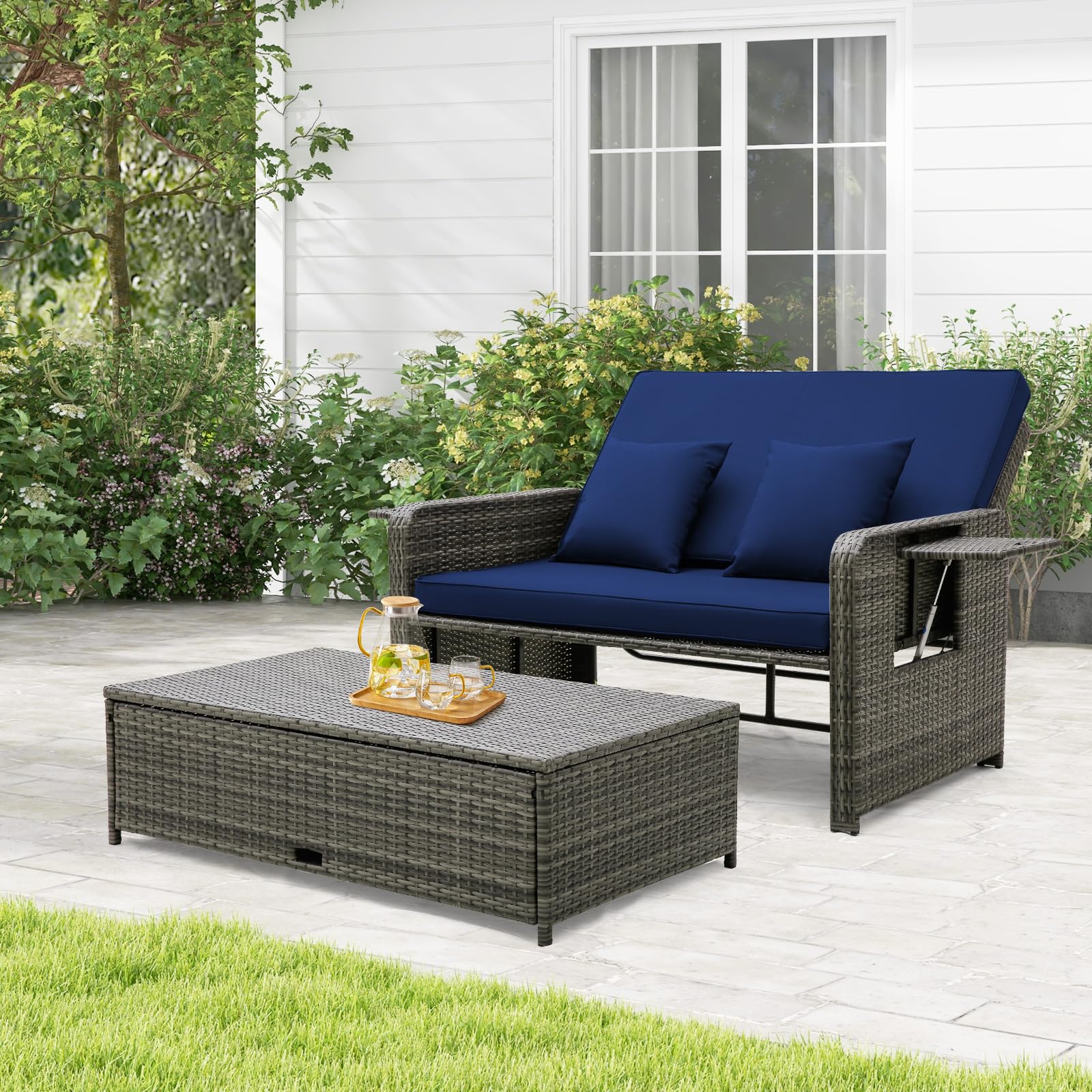 Tangkula Patio Rattan Daybed Set, Wicker Loveseat Sofa w/Multipurpose Ottoman & Retractable Side Tray, 4-Level Adjustable Backrest, Footstool w/Storage, Seat & Back Cushion Included