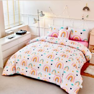 angiyuin 6 pieces multi-color rainbow queen bedding comforter set for girls kids cute cloud and love hearts girls bedding set soft microfiber kid bed in a bag with comforter, sheets, pillowcases