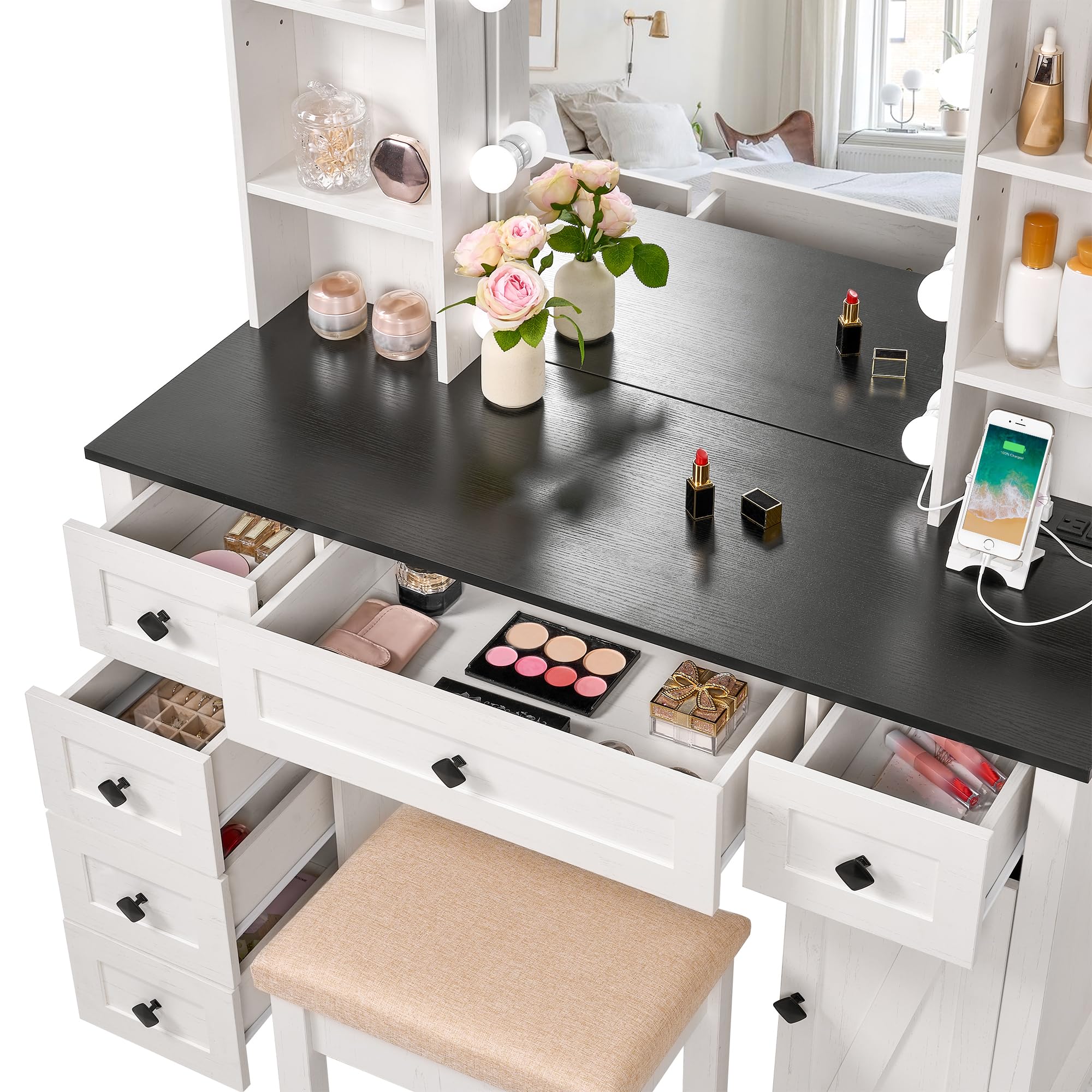 ANWBROAD Farmhouse Make up Vanity Desk with Mirror and Lights 43" Vanity Set with Power Outlet 3 Lighting Colors Adjustable Vanity Table 6 Drawers Storage Shelves Cabinets Stool Bedroom White UBDT60W