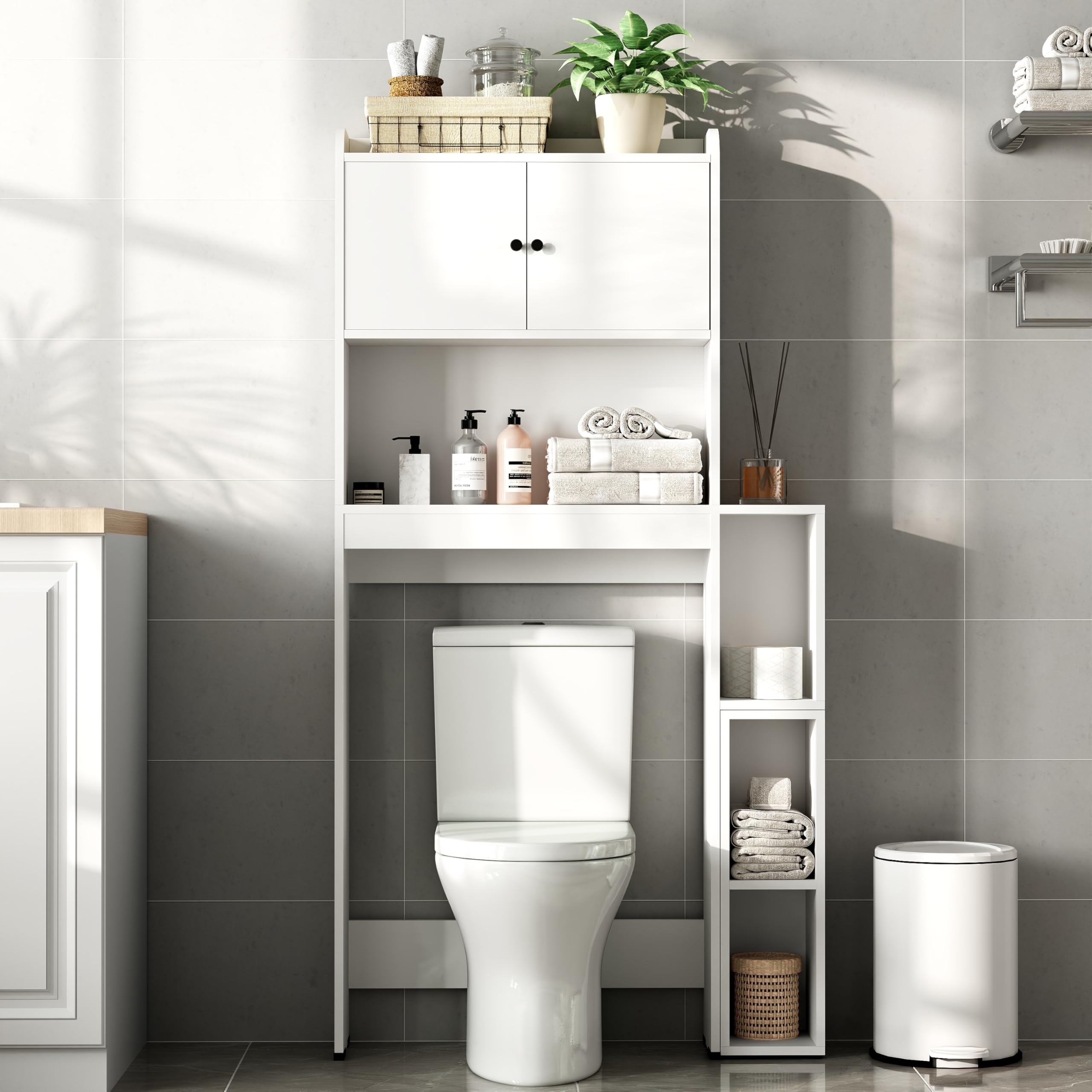 Seeday Over The Toilet Storage Cabinet, Space Saver Bathroom Shelf Over Toilet with Toilet Assistance Cabinet, Bathroom Storage Over The Toilet with Adjustable Feet Pad